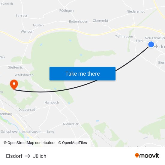 Elsdorf to Jülich map