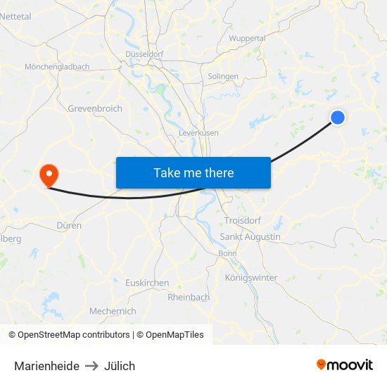 Marienheide to Jülich map