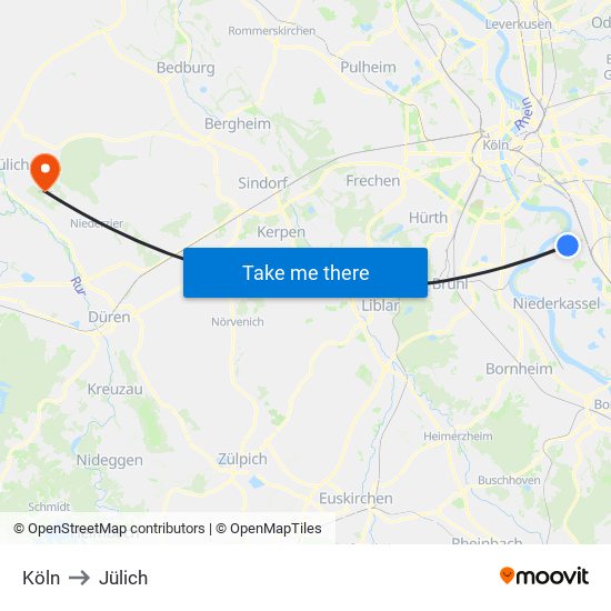 Köln to Jülich map