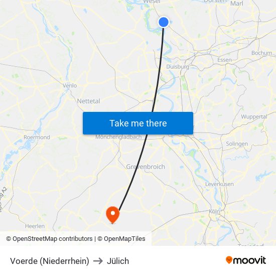 Voerde (Niederrhein) to Jülich map