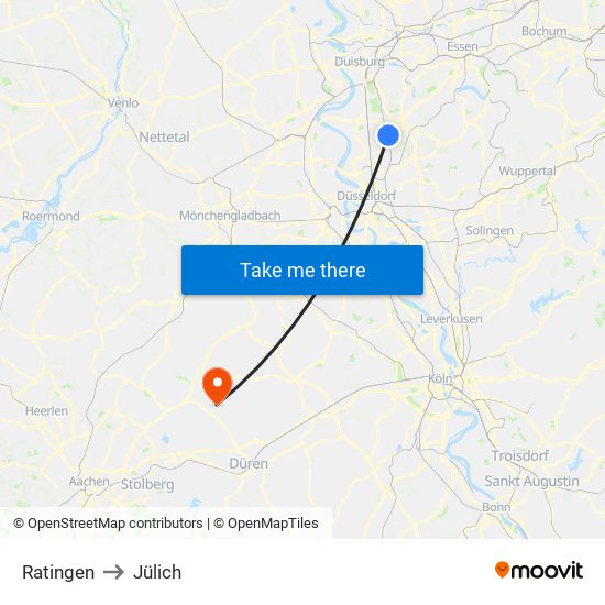 Ratingen to Jülich map