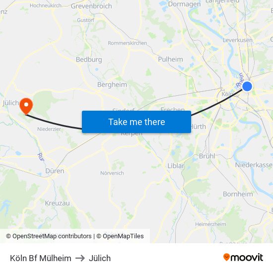 Köln Bf Mülheim to Jülich map