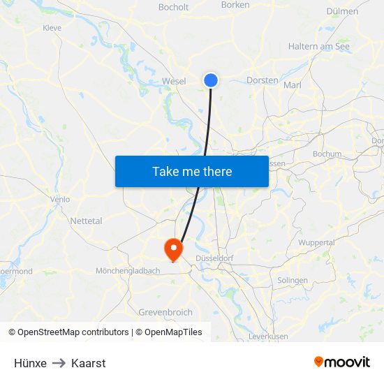 Hünxe to Kaarst map