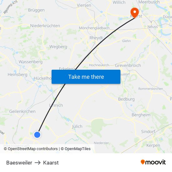 Baesweiler to Kaarst map