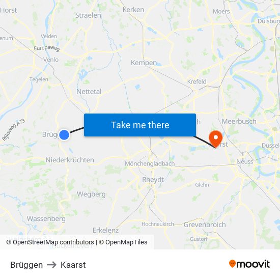 Brüggen to Kaarst map