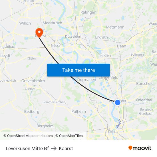 Leverkusen Mitte Bf to Kaarst map