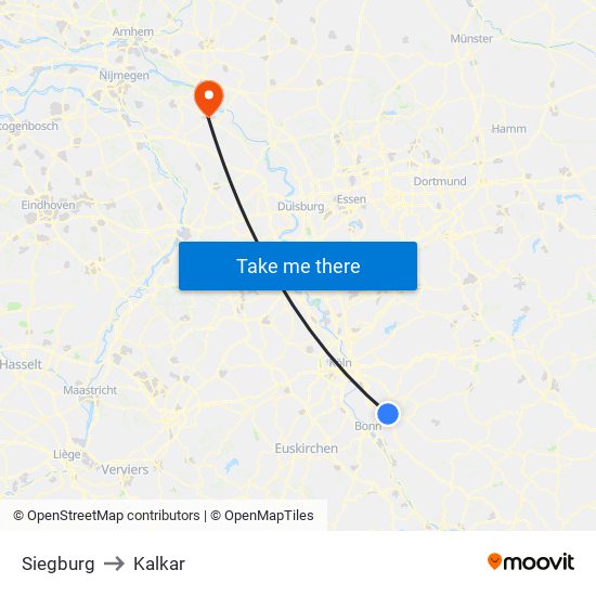 Siegburg to Kalkar map