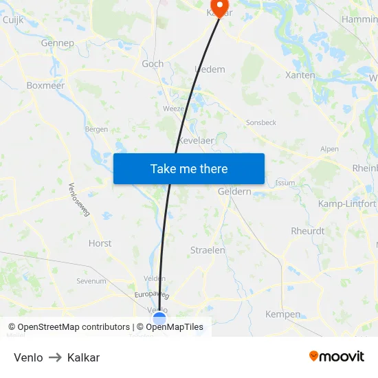 Venlo to Kalkar map