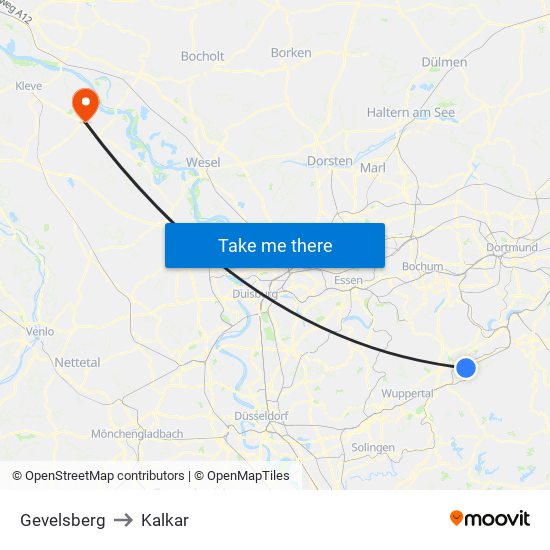 Gevelsberg to Kalkar map