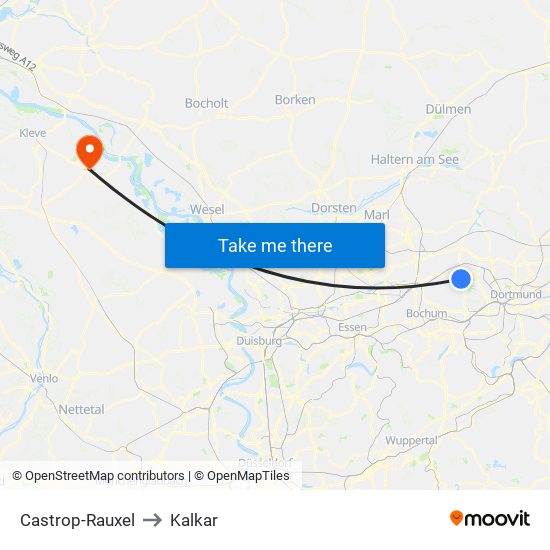 Castrop-Rauxel to Kalkar map