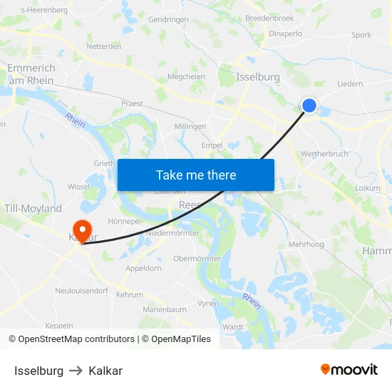 Isselburg to Kalkar map