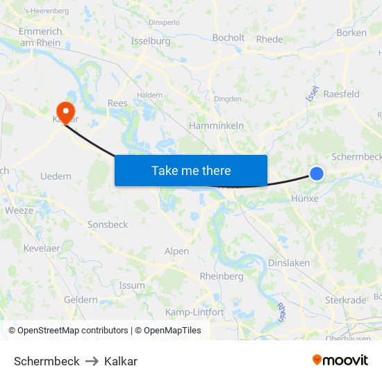 Schermbeck to Kalkar map