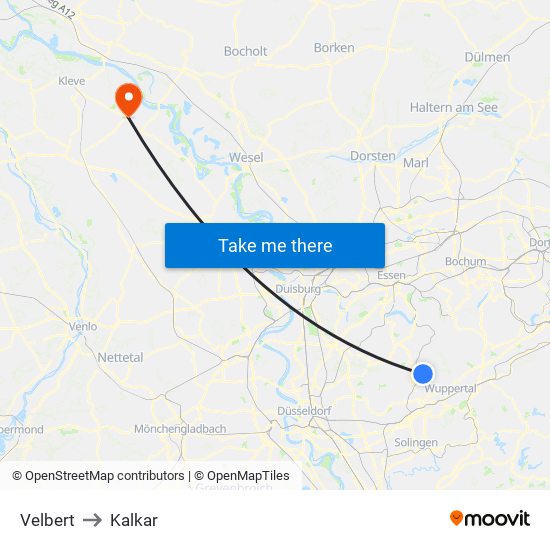 Velbert to Kalkar map