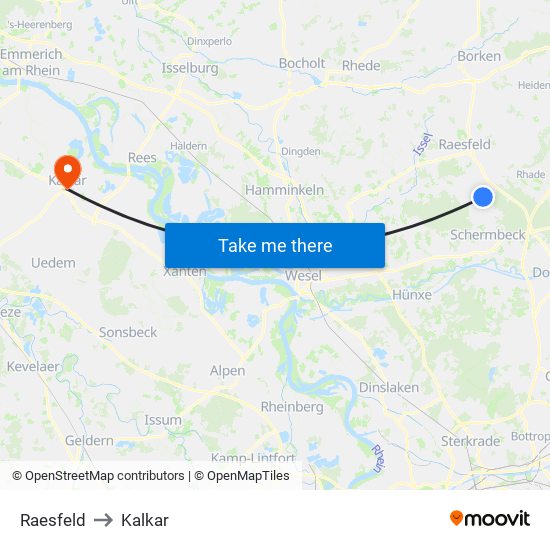 Raesfeld to Kalkar map