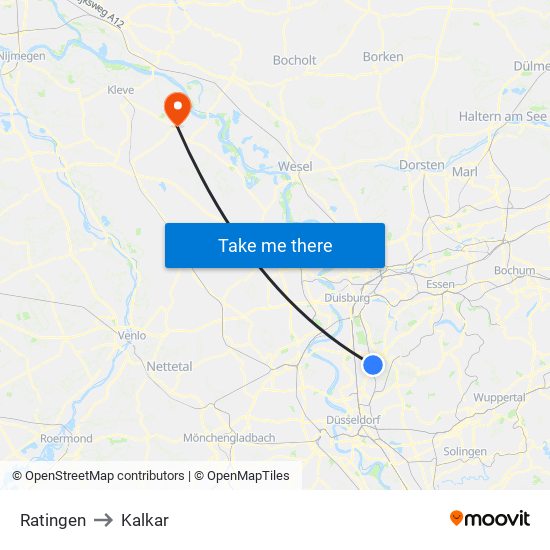 Ratingen to Kalkar map