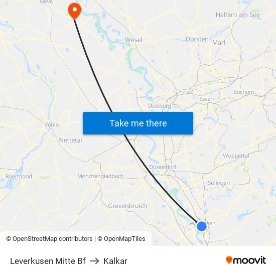 Leverkusen Mitte Bf to Kalkar map