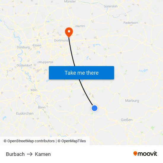 Burbach to Kamen map