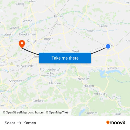 Soest to Kamen map