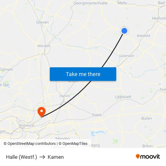 Halle (Westf.) to Kamen map