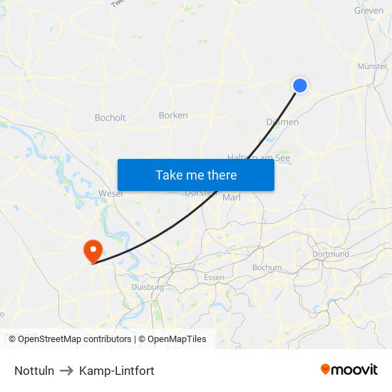 Nottuln to Kamp-Lintfort map