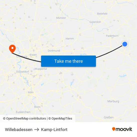 Willebadessen to Kamp-Lintfort map