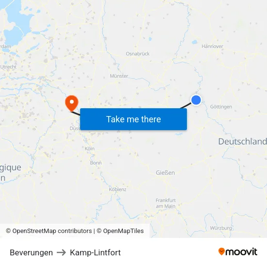 Beverungen to Kamp-Lintfort map