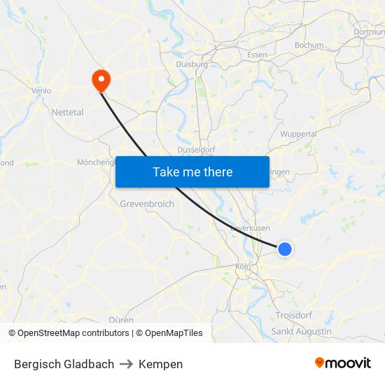 Bergisch Gladbach to Kempen map