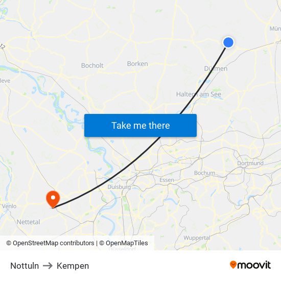 Nottuln to Kempen map