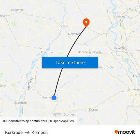 Kerkrade to Kempen map