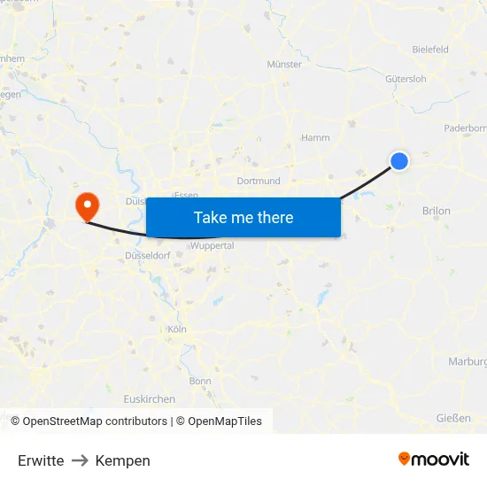 Erwitte to Kempen map