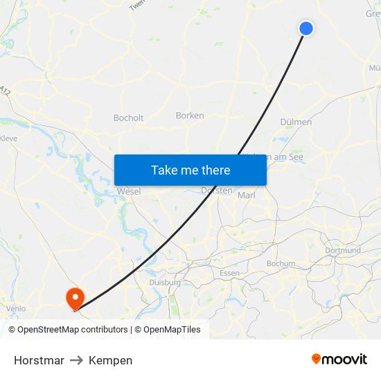 Horstmar to Kempen map