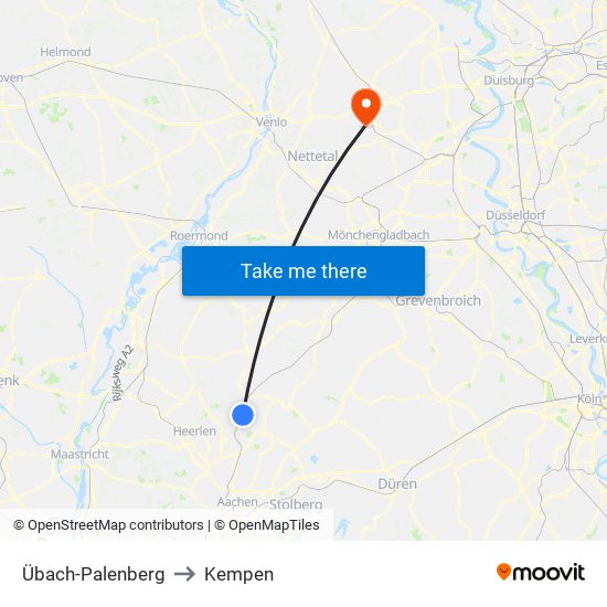 Übach-Palenberg to Kempen map