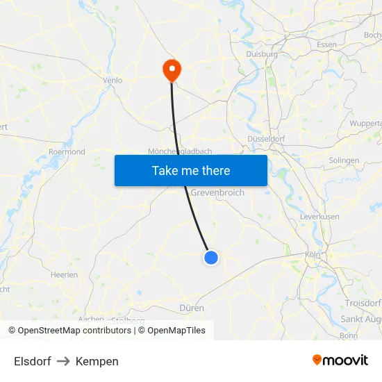 Elsdorf to Kempen map