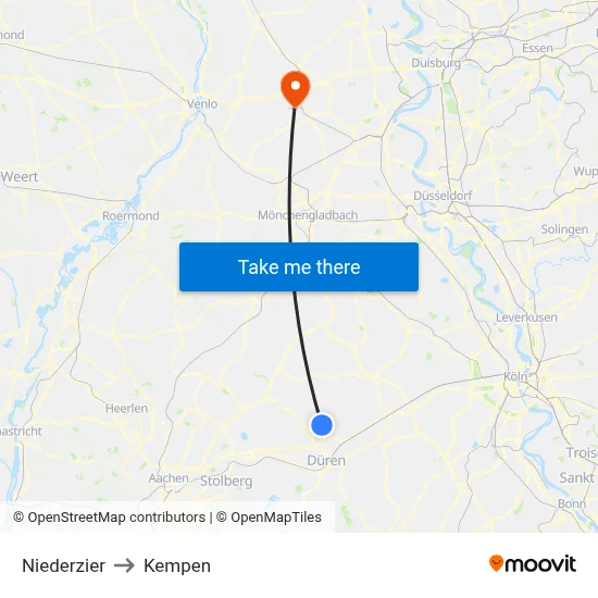 Niederzier to Kempen map