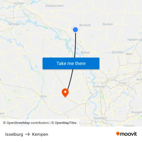 Isselburg to Kempen map