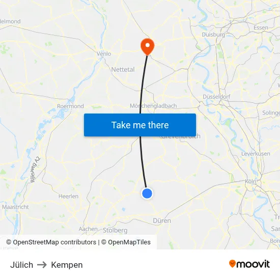 Jülich to Kempen map