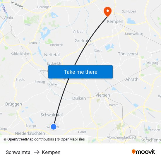 Schwalmtal to Kempen map