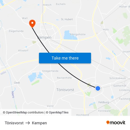 Tönisvorst to Kempen map