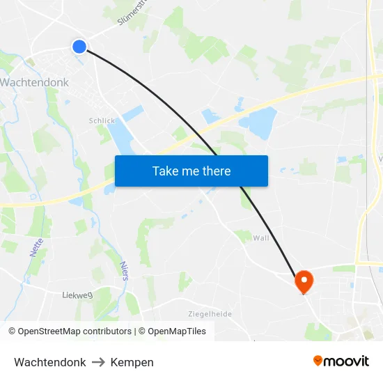 Wachtendonk to Kempen map