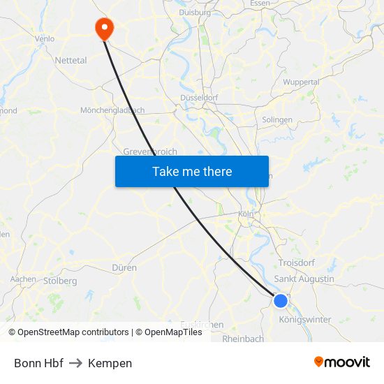 Bonn Hbf to Kempen map