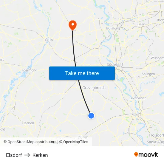 Elsdorf to Kerken map