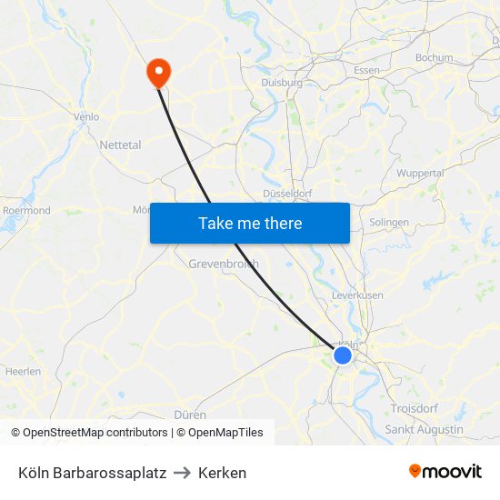 Köln Barbarossaplatz to Kerken map