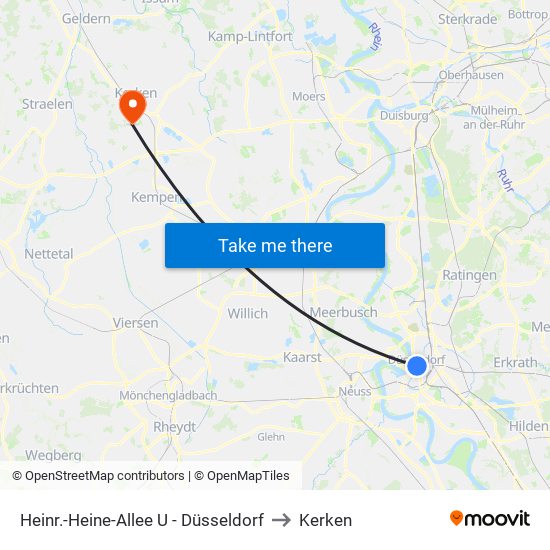 Heinr.-Heine-Allee U - Düsseldorf to Kerken map