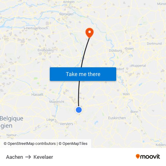 Aachen to Kevelaer map