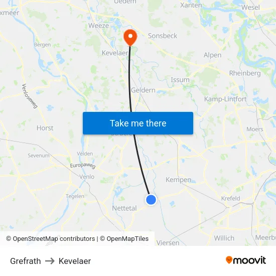 Grefrath to Kevelaer map