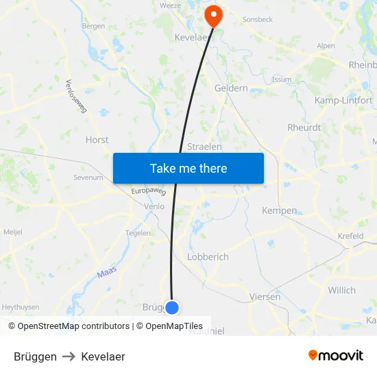 Brüggen to Kevelaer map