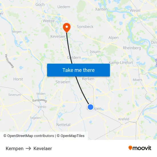 Kempen to Kevelaer map