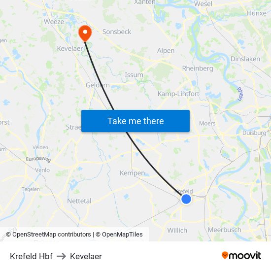 Krefeld Hbf to Kevelaer map