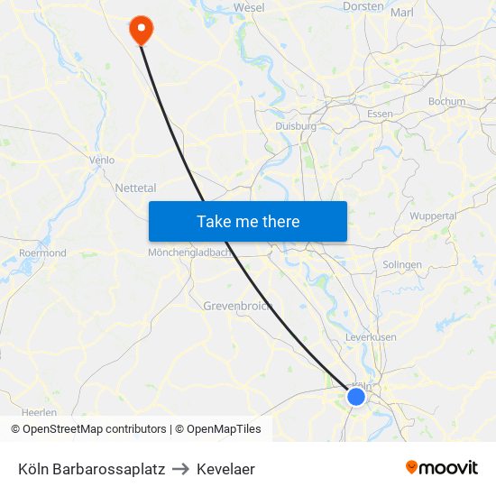 Köln Barbarossaplatz to Kevelaer map