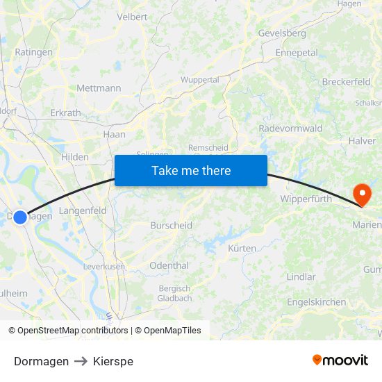 Dormagen to Kierspe map